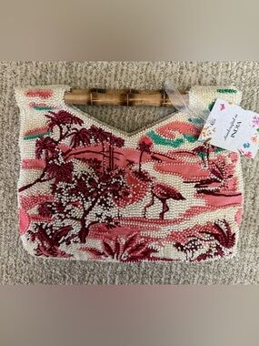 Viral Handmade Beaded Floral Clutch Purse Bamboo Handle Statement Bag NWT